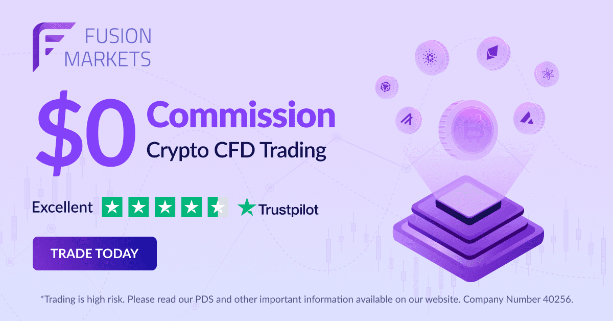 Fusion Markets ad promoting $0 commission Crypto CFD trading with Trustpilot rating, featured in Finveroo’s Fusion Markets Review 2025