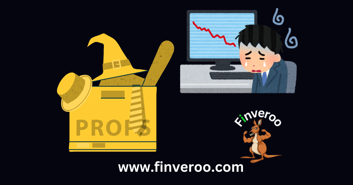 Finveroo illustration showing a stressed trader watching a losing chart next to a props box symbolizing the new era of prop firms in 2025