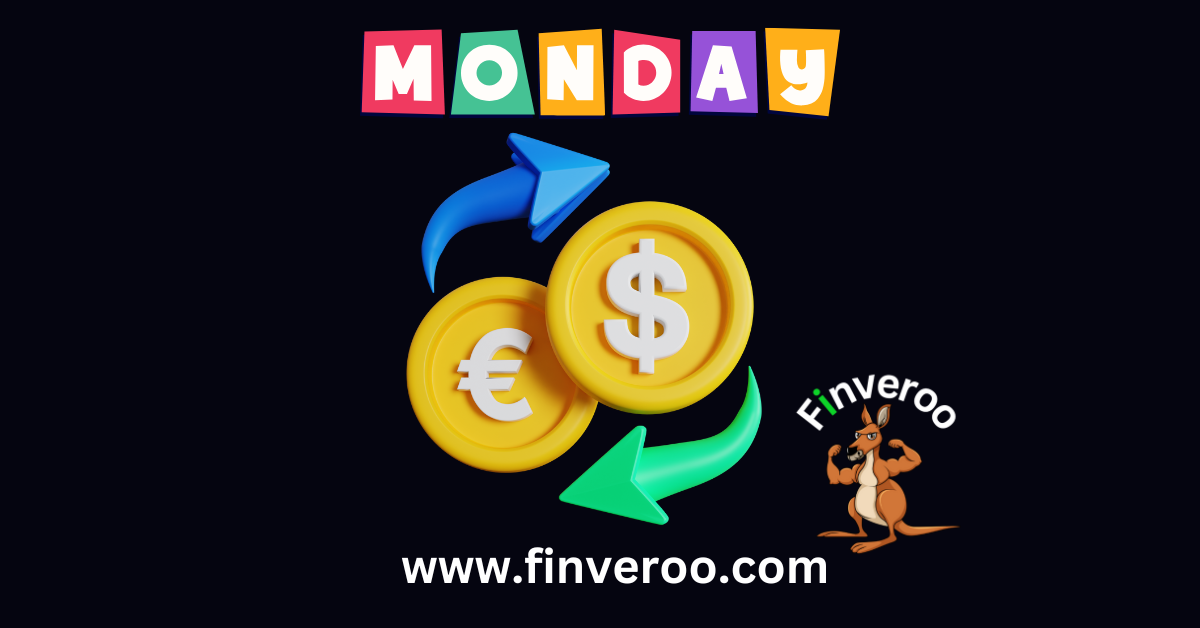EURUSD Monday Open visual showing euro and dollar exchange rotation with arrows, used by Finveroo to illustrate the Monday market setup