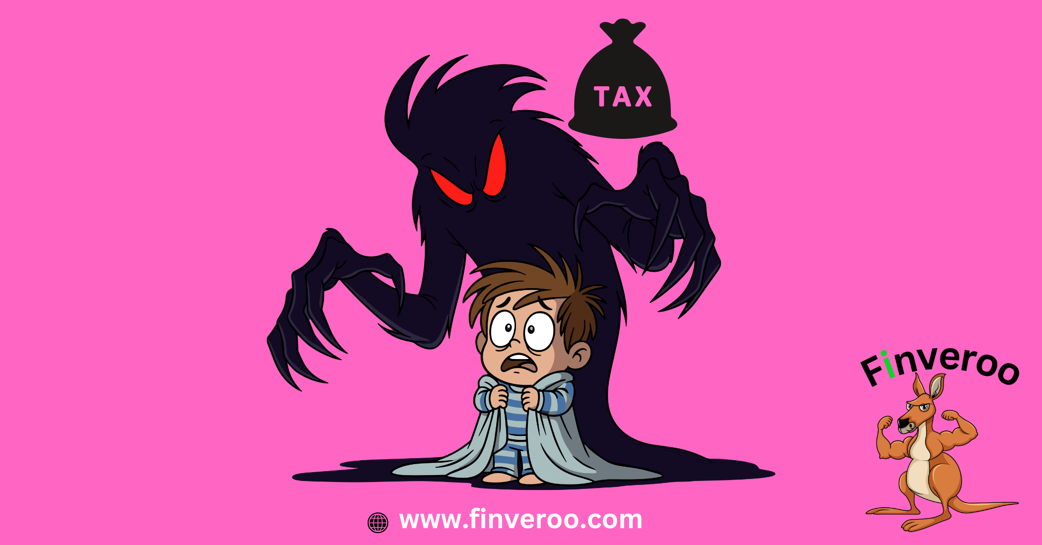 Illustration of a dark shadow labeled tax looming over a scared person symbolizing the shadow tax concept explained by Finveroo