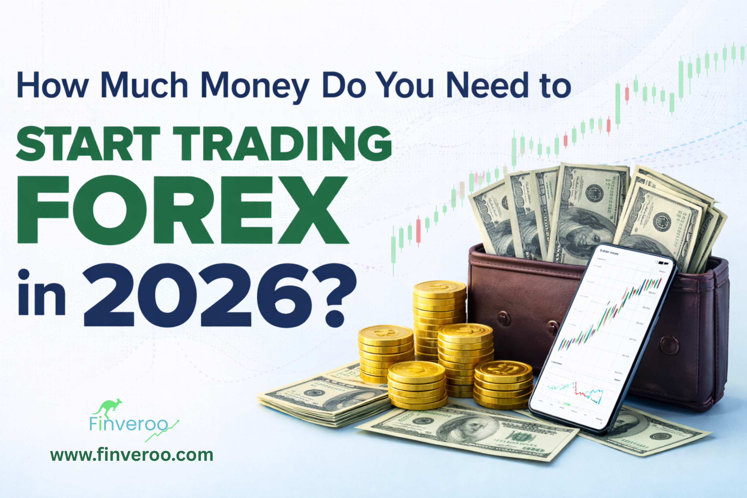 How much money do you need to start trading forex in 2026 showing realistic capital expectations with charts and cash visuals by Finveroo