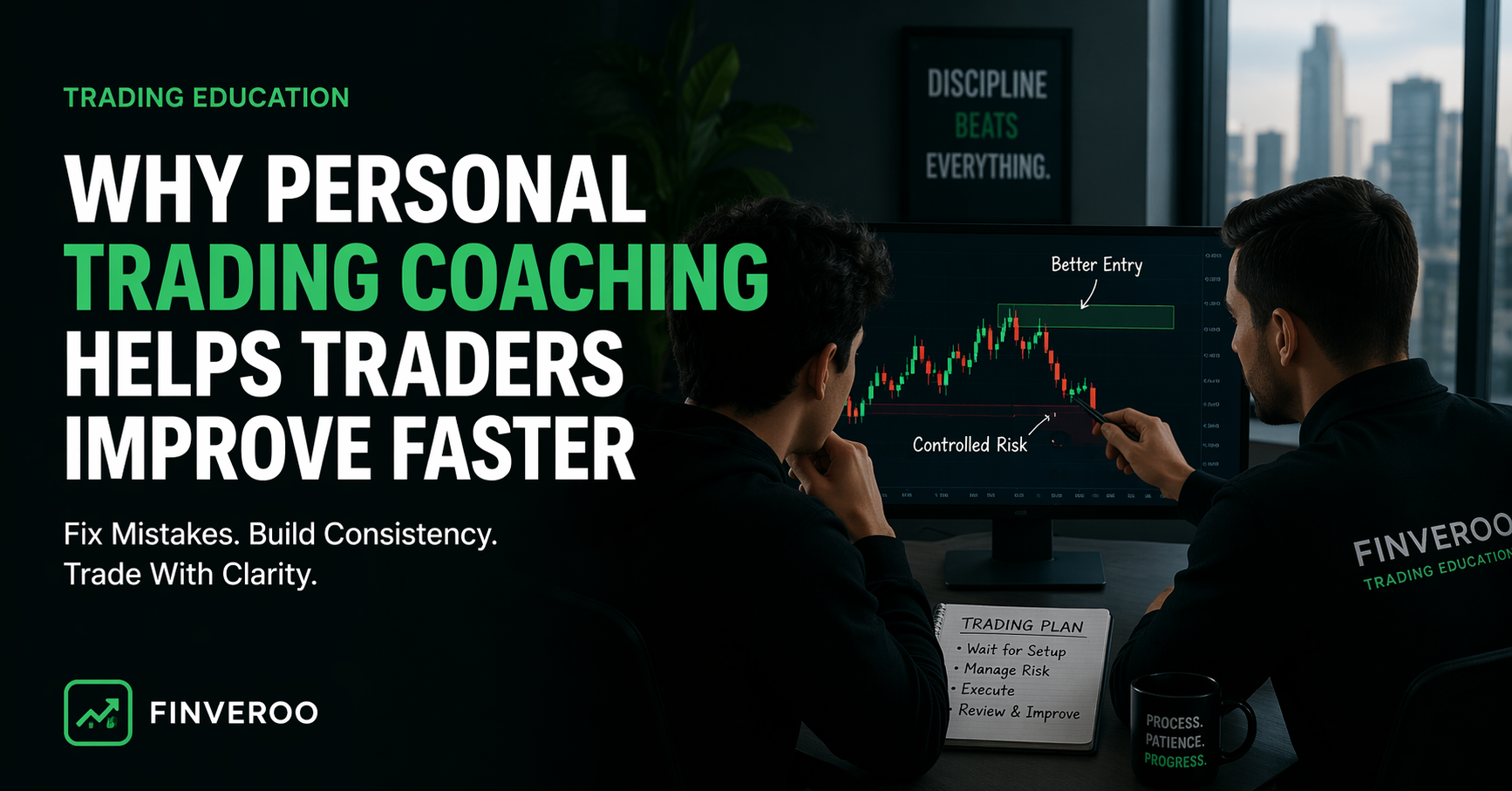 Personal trading coaching in action with a trader getting one on one feedback on chart analysis to improve trading performance