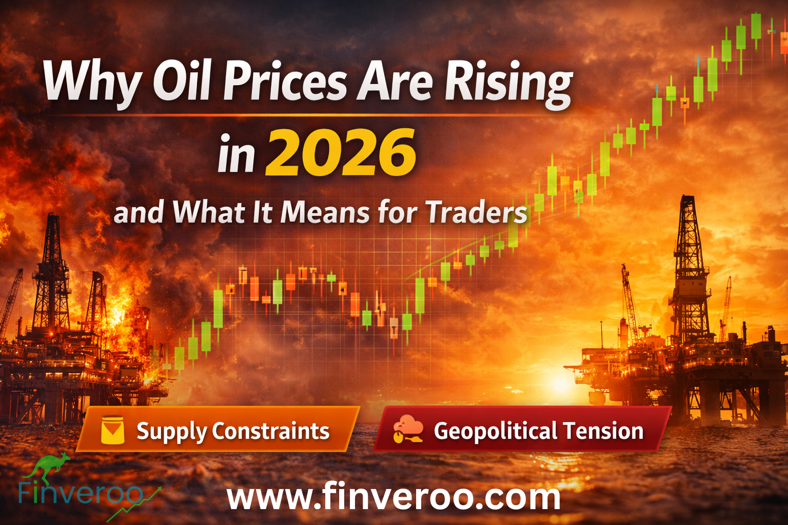 why oil prices are rising in 2026 visual showing oil rigs and rising price chart driven by supply constraints and geopolitical tension