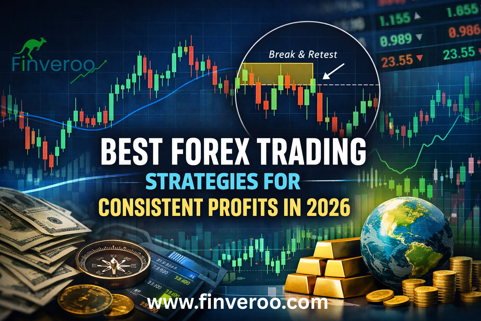 Best forex trading strategies for consistent profits shown with candlestick charts, a break and retest setup, and forex market visuals for 2026