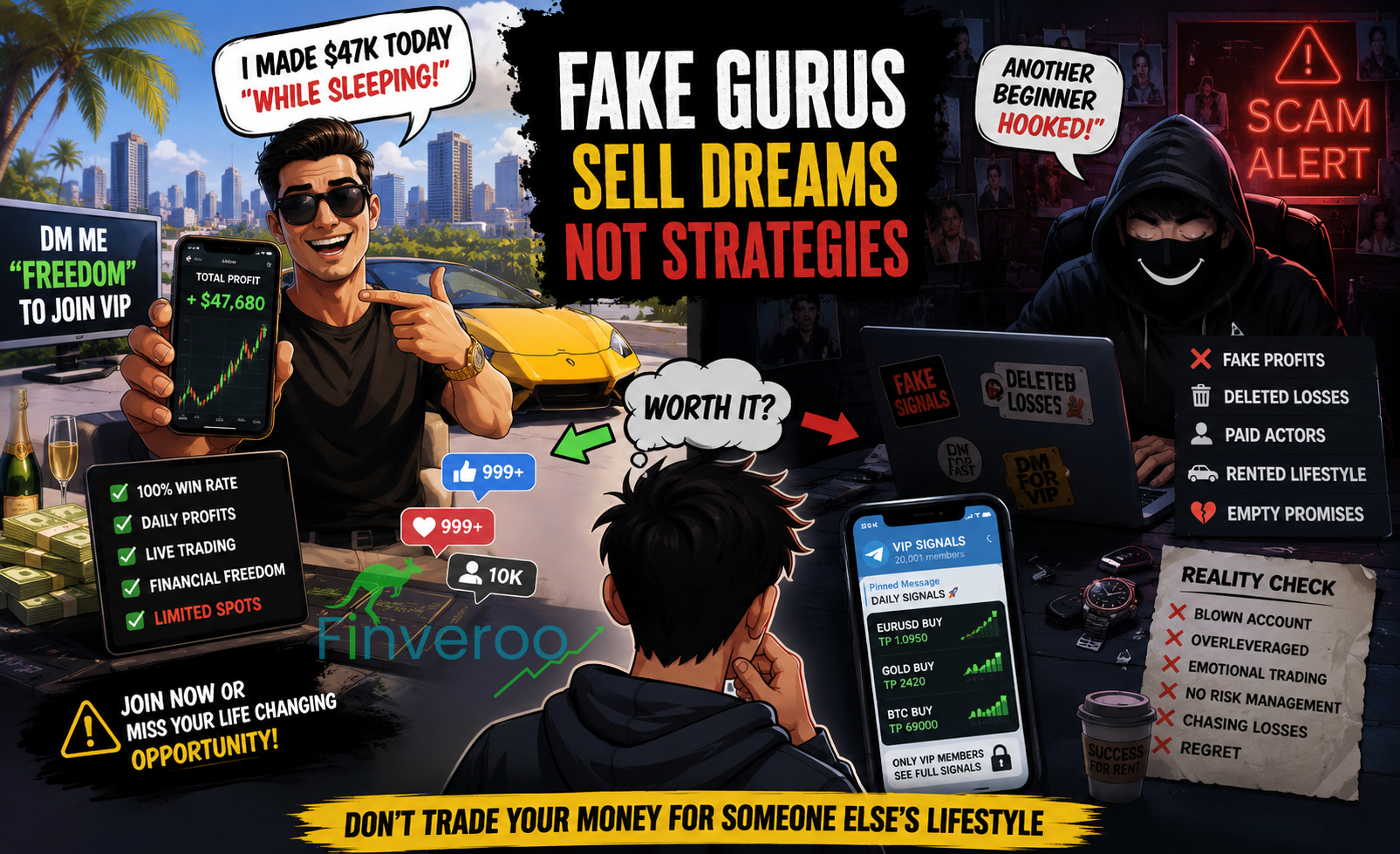 Illustration exposing fake trading gurus on Telegram and TikTok using fake profits, rented luxury lifestyles, and manipulated trading signals to deceive beginner traders